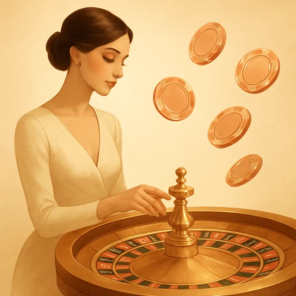 Illustration d'une roulette et de jetons dorés sur fond crème
